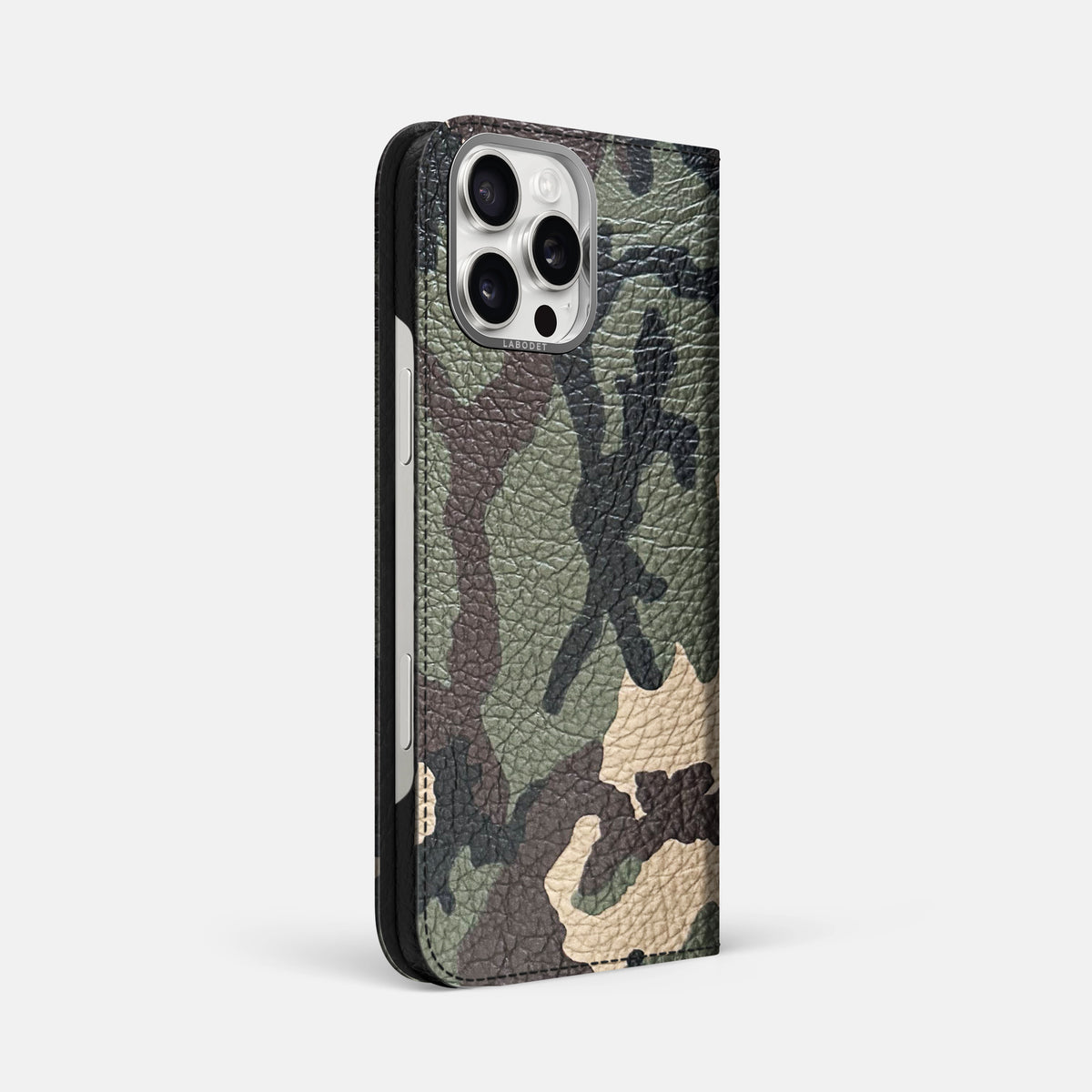 Camouflage iPhone 16 Pro Max Folio Case Calf with Steel Metal -1 | Camouflage-Steel