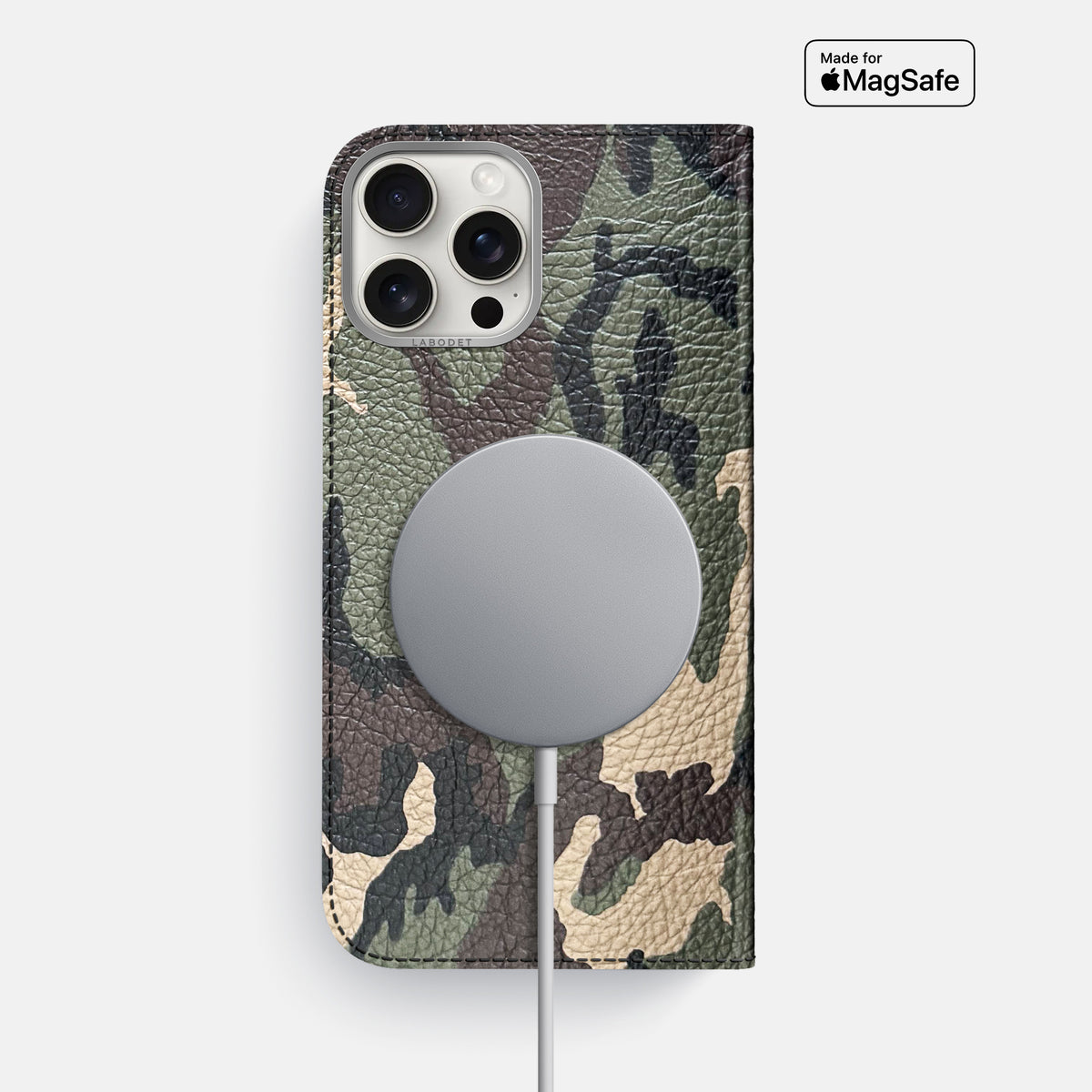 Camouflage iPhone 16 Pro Max Folio Case Calf with Steel Metal -3 | Camouflage-Steel