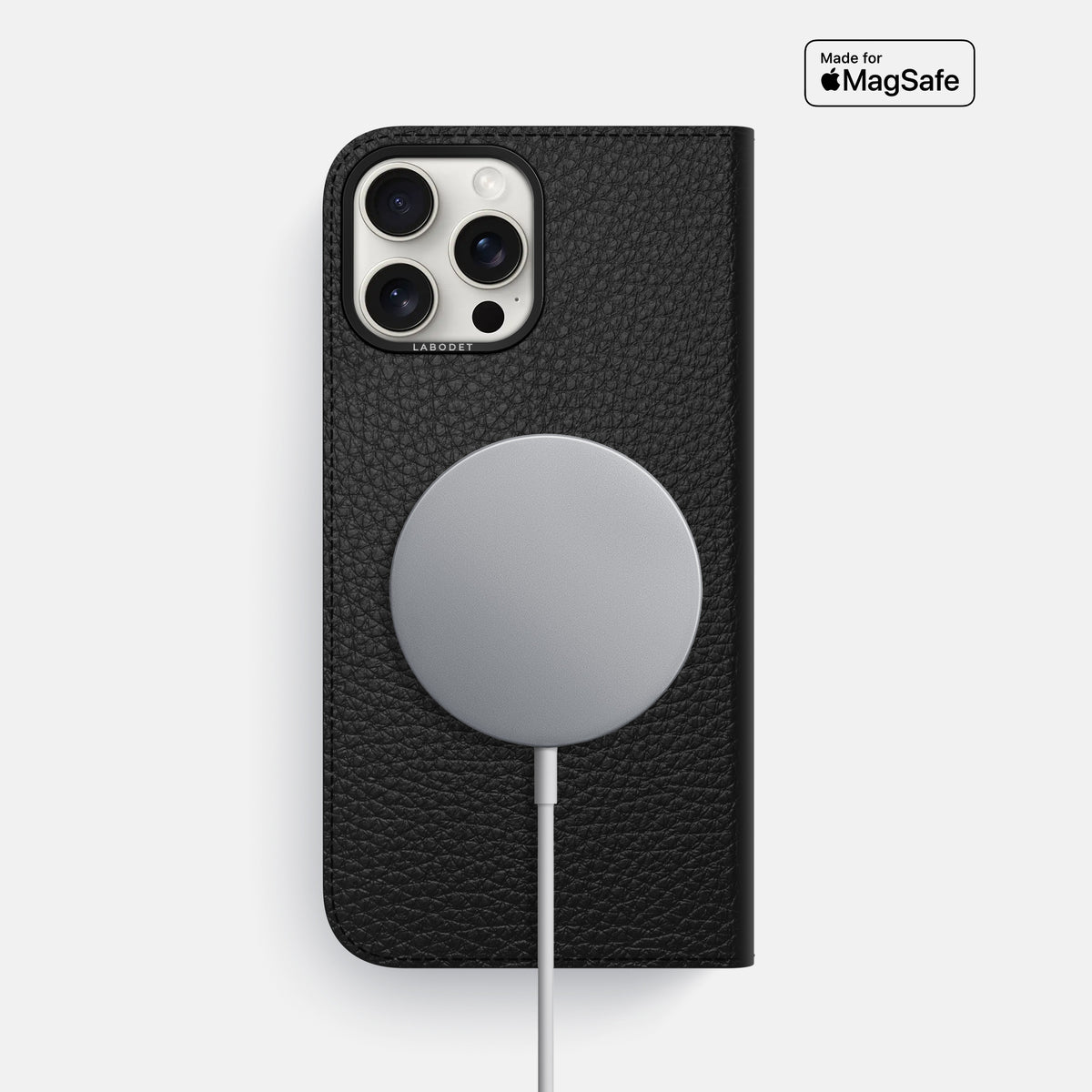 Black iPhone 16 Pro Max Folio Case Calf with Black Metal -3 | Black-Black