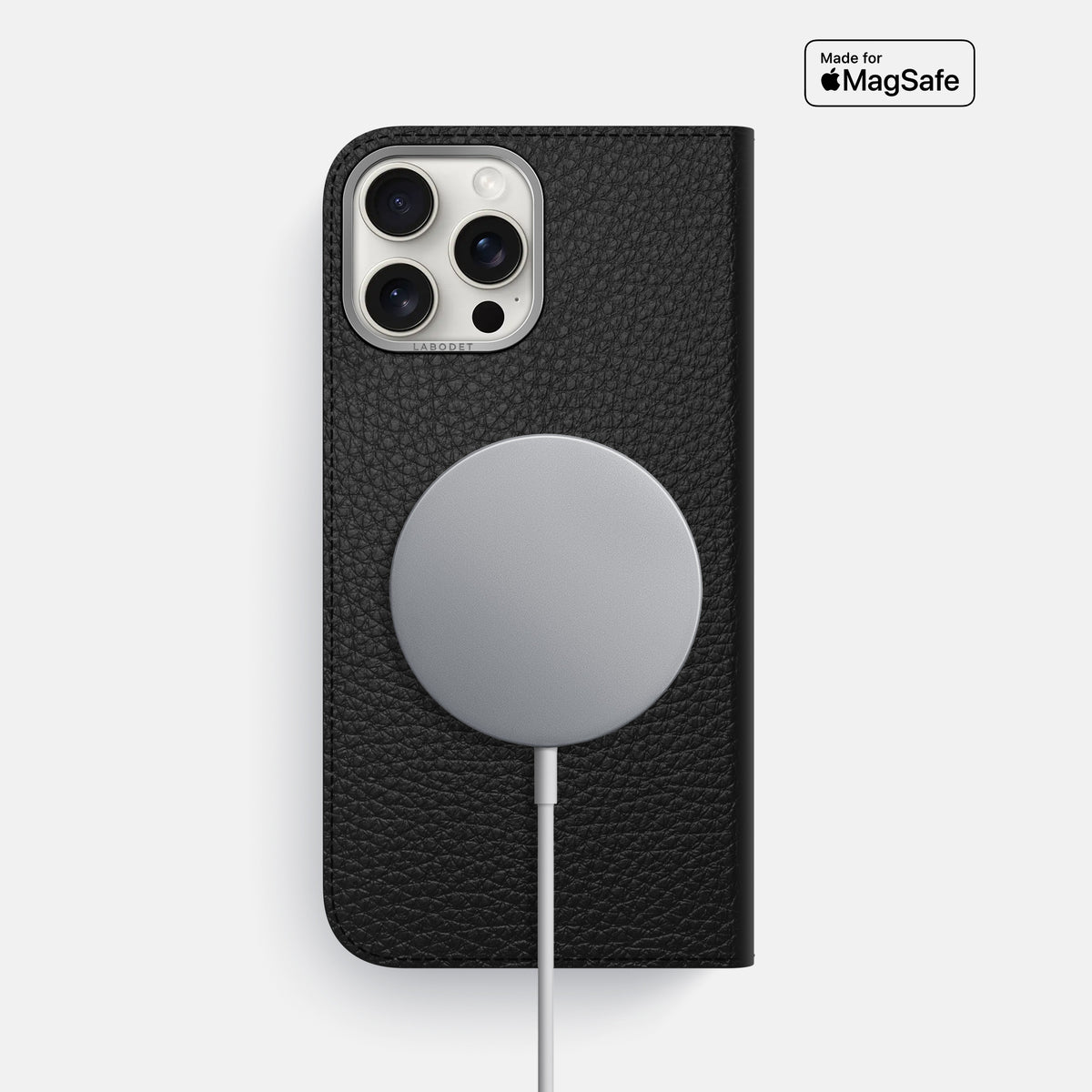 Black iPhone 16 Pro Max Folio Case Calf with Steel Metal -3 | Black-Steel
