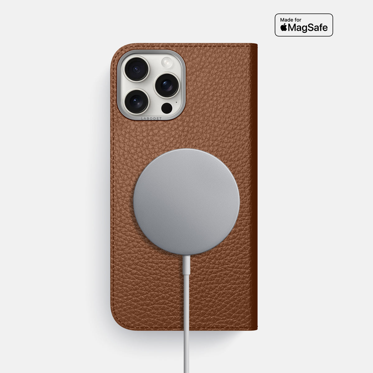 Caramel iPhone 16 Pro Max Folio Case Calf with Steel Metal -3 | Caramel-Steel
