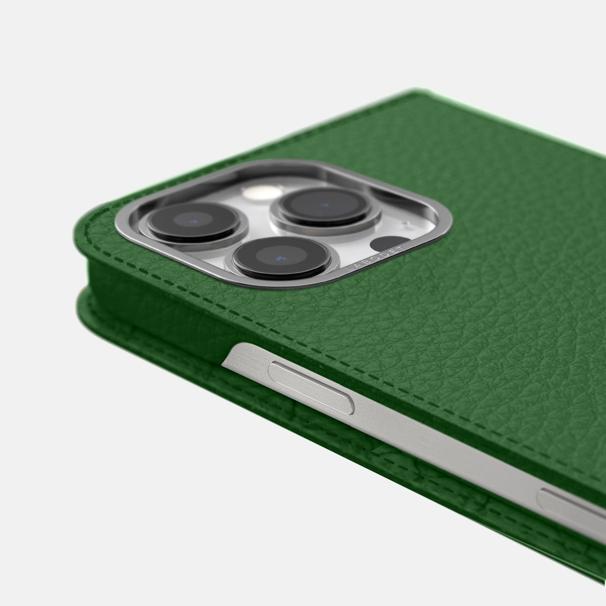 Dark Green iPhone 16 Pro Max Folio Case Calf with Steel Metal -5 | Dark-Green-Steel