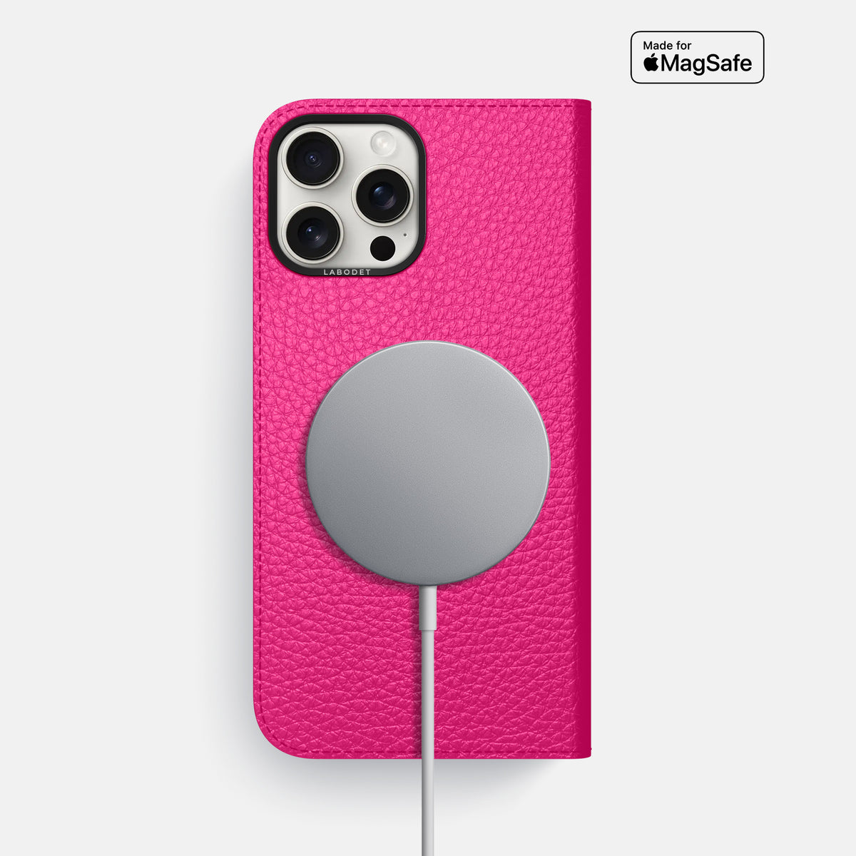 Magenta iPhone 16 Pro Max Folio Case Calf with Black Metal -3 | Magenta-Black