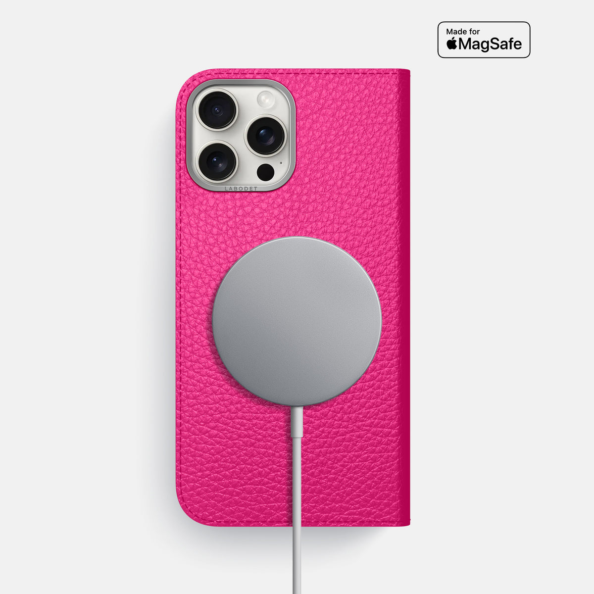 Magenta iPhone 16 Pro Max Folio Case Calf with Steel Metal -3 | Magenta-Steel
