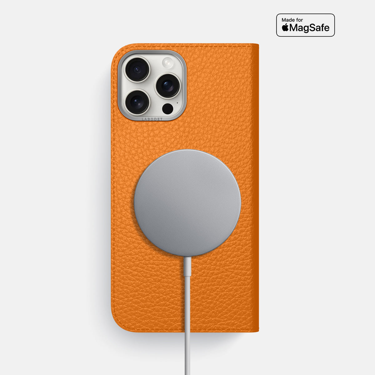 Orange iPhone 16 Pro Max Folio Case Calf with Steel Metal -3 | Orange-Steel