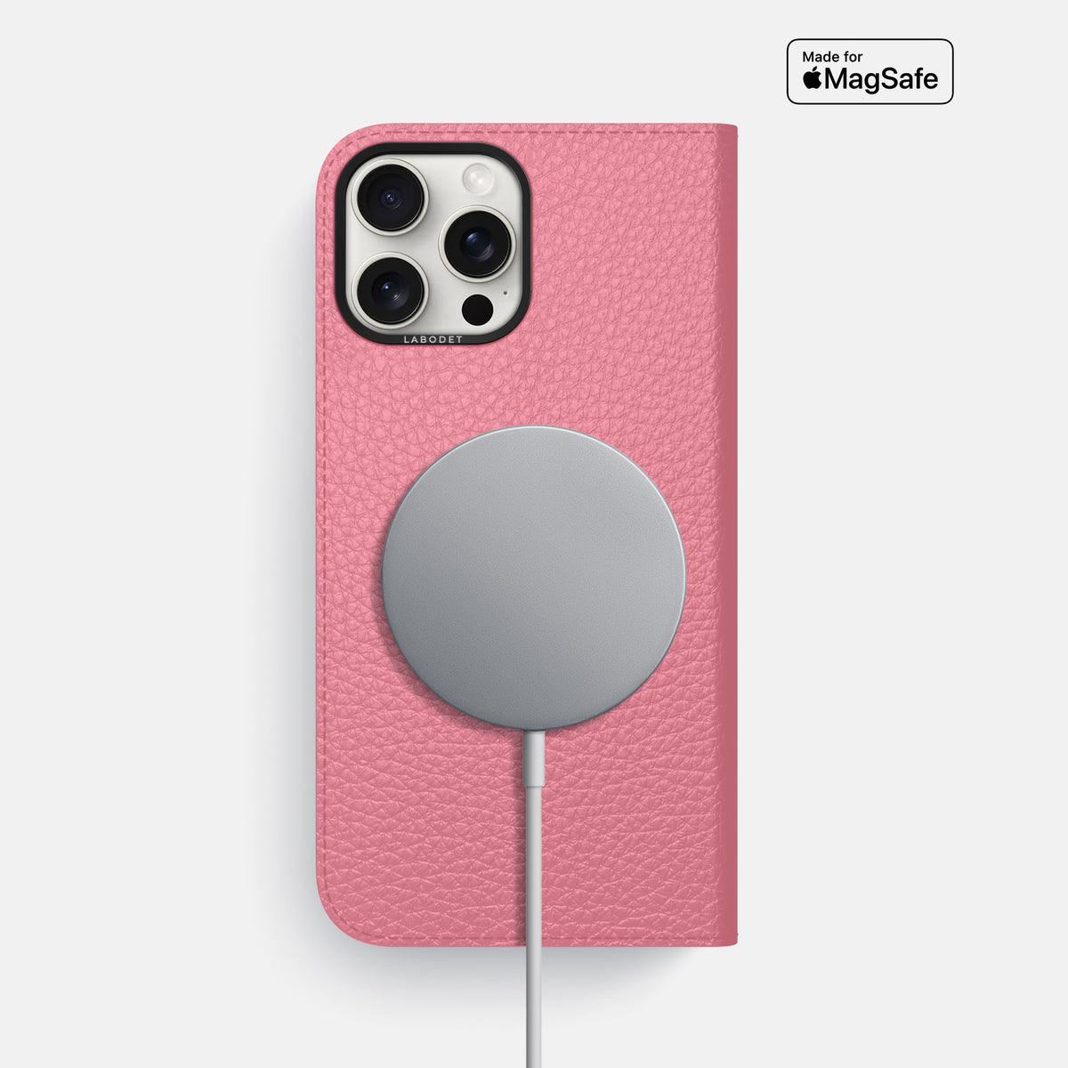 Pink iPhone 16 Pro Max Folio Case Calf with Black Metal -3 | Pink-Black