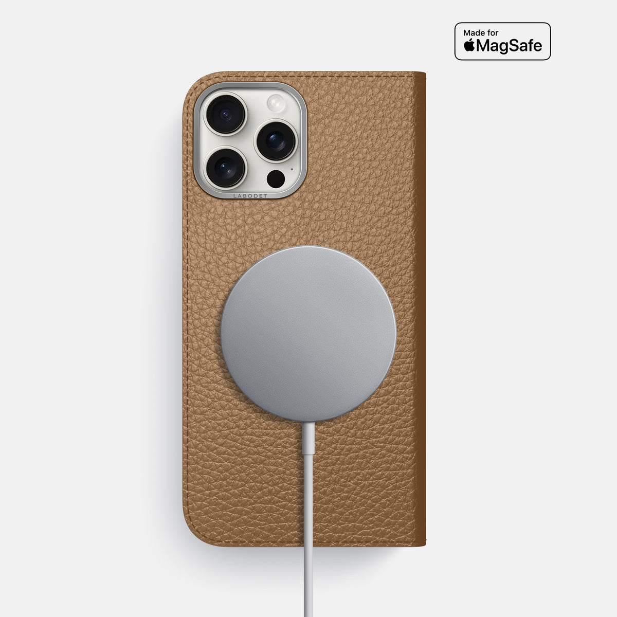 Taupe iPhone 16 Pro Max Folio Case Calf with Steel Metal -3 | Taupe-Steel
