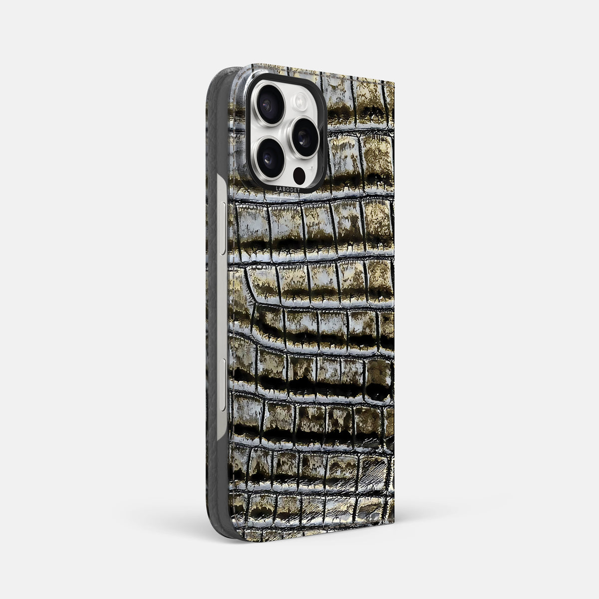 Antique-Bronze iPhone 16 Pro Max Folio Case Himalayan Crocodile with Black Metal -1 | Antique-Bronze-Black