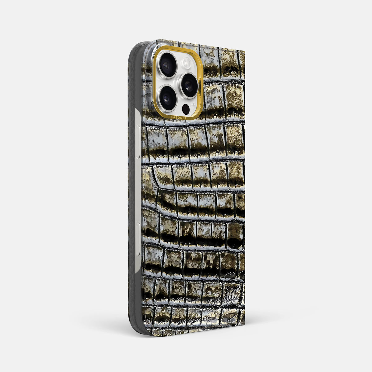 Antique-Bronze iPhone 16 Pro Max Folio Case Himalayan Crocodile with Gold Metal -1 | Antique-Bronze-Gold