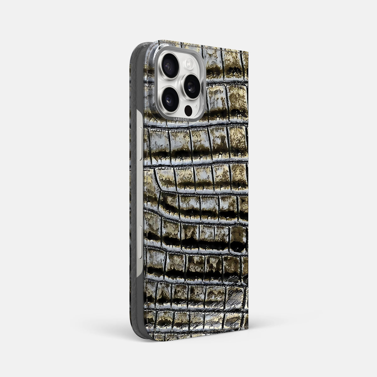 Antique-Bronze iPhone 16 Pro Max Folio Case Himalayan Crocodile with Steel Metal -1 | Antique-Bronze-Steel