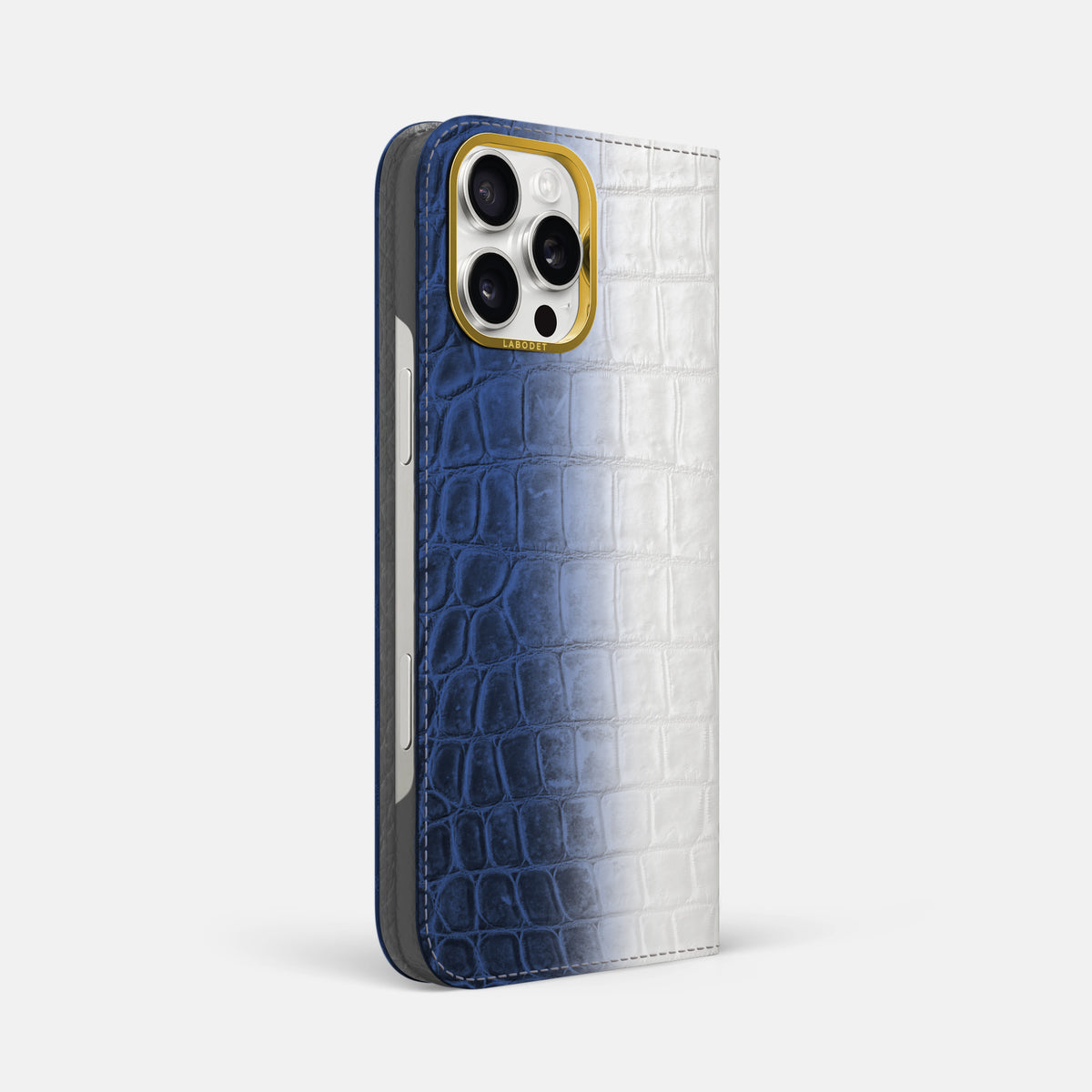 Navy Blue iPhone 16 Pro Max Folio Case Himalayan Crocodile with Gold Metal -1 | Navy-Blue-Gold