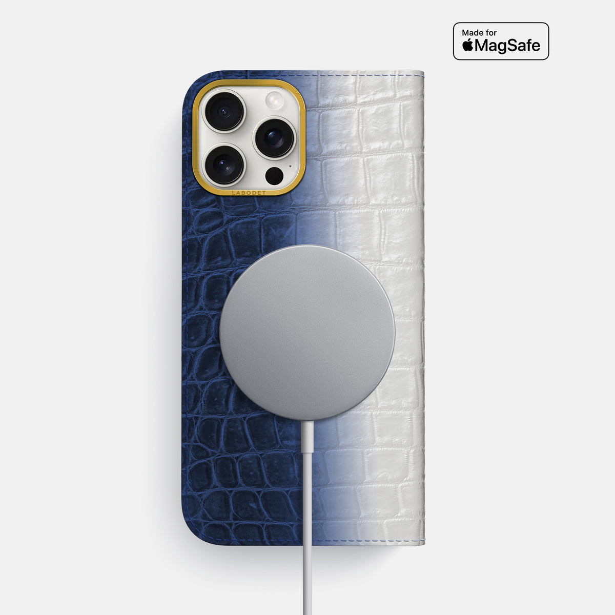 Navy Blue iPhone 16 Pro Max Folio Case Himalayan Crocodile with Gold Metal -3 | Navy-Blue-Gold