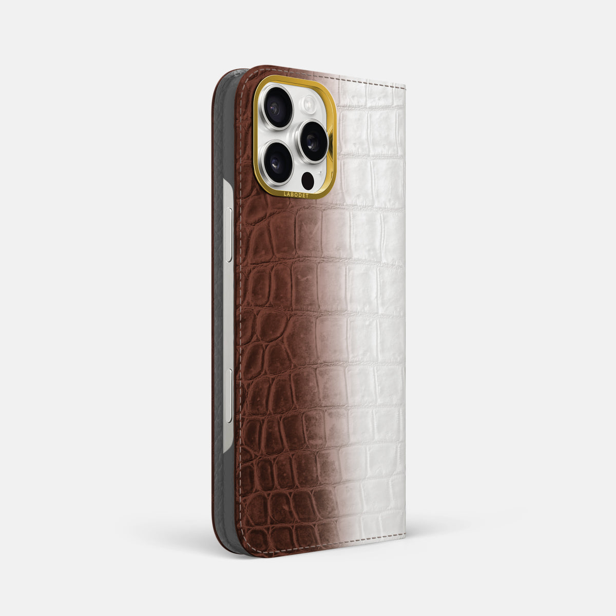 Dark Brown iPhone 16 Pro Max Folio Case Himalayan Crocodile with Gold Metal -1 | Dark-Brown-Gold