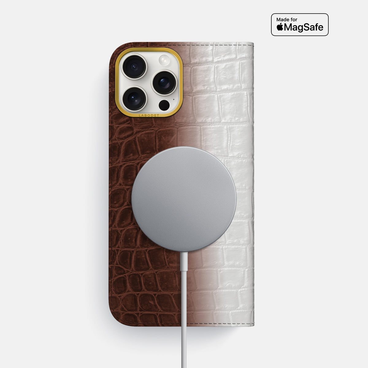 Dark Brown iPhone 16 Pro Max Folio Case Himalayan Crocodile with Gold Metal -3 | Dark-Brown-Gold