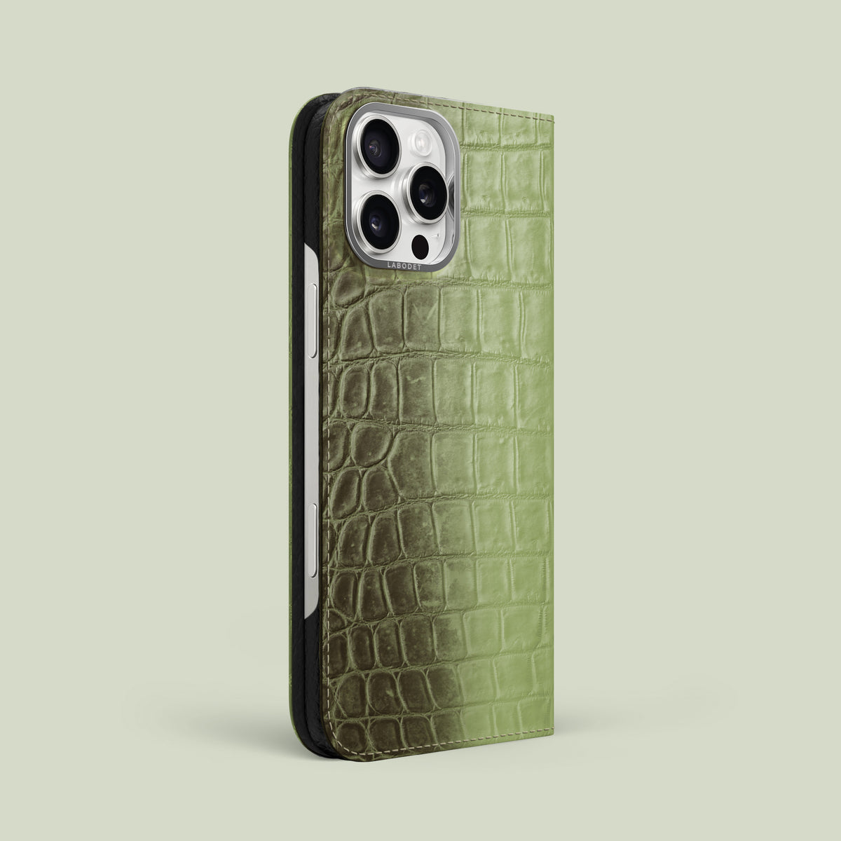 Folio Case Celadon Green For iPhone 16 Pro Max In Himalayan Crocodile with Steel Metal -1 | Celadon-Green-Steel