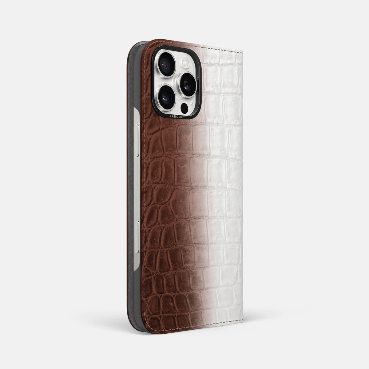 Dark Brown iPhone 16 Pro Max Folio Case Himalayan Crocodile with Black Metal -1 | Dark-Brown-Black