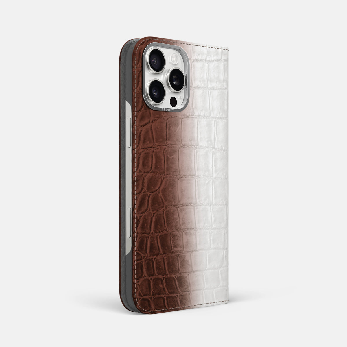 Dark Brown iPhone 16 Pro Max Folio Case Himalayan Crocodile with Steel Metal -1 | Dark-Brown-Steel