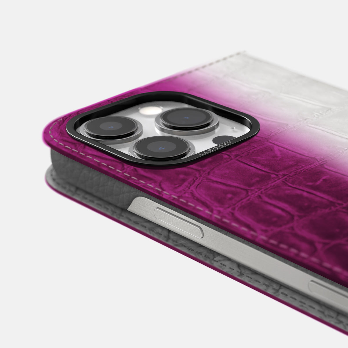 Fuchsia iPhone 16 Pro Max Folio Case Himalayan Crocodile with Black Metal -5 | Fuchsia-Black