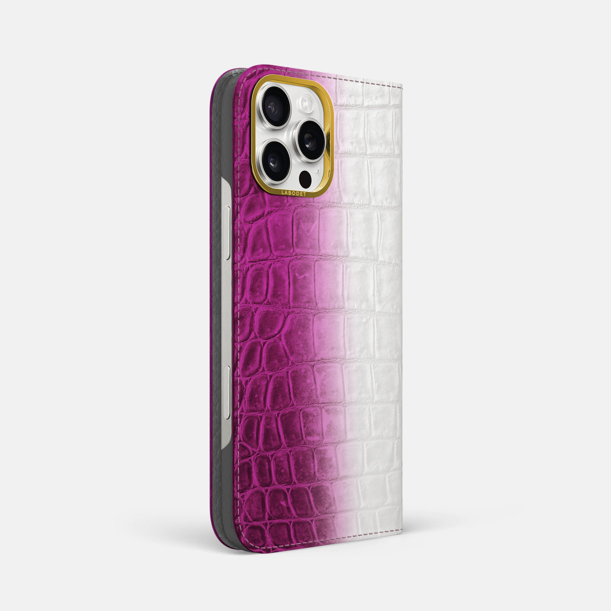 Fuchsia iPhone 16 Pro Max Folio Case Himalayan Crocodile with Gold Metal -1 | Fuchsia-Gold