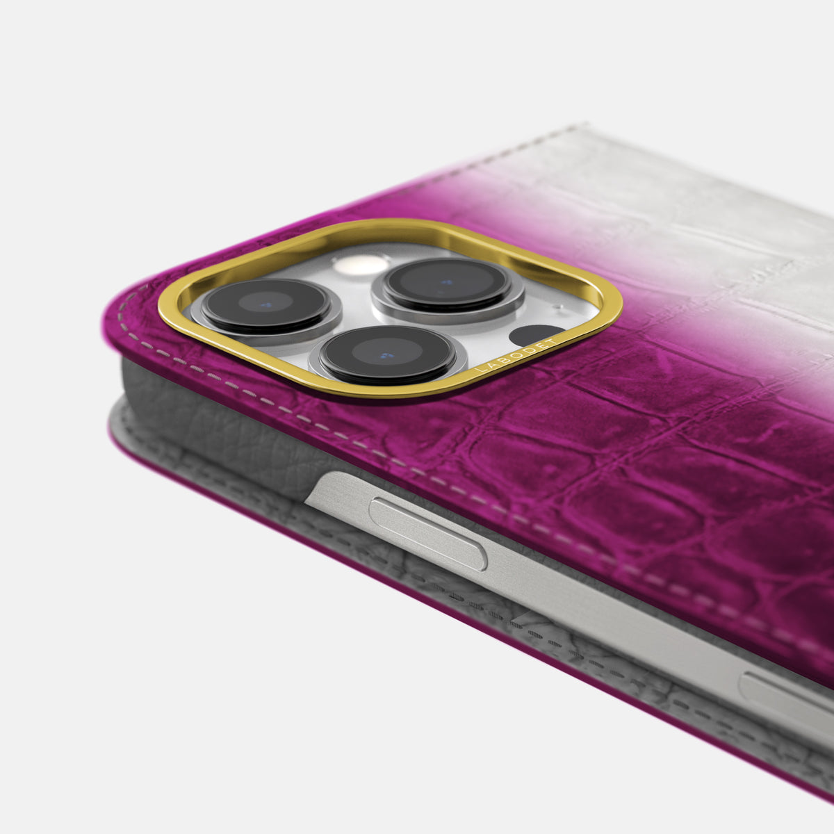 Fuchsia iPhone 16 Pro Max Folio Case Himalayan Crocodile with Gold Metal -5 | Fuchsia-Gold