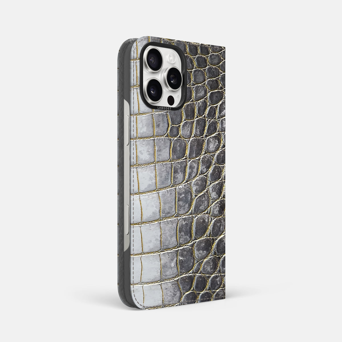 Gold iPhone 16 Pro Max Folio Case Himalayan Crocodile with Black Metal -1 | Gold-Black