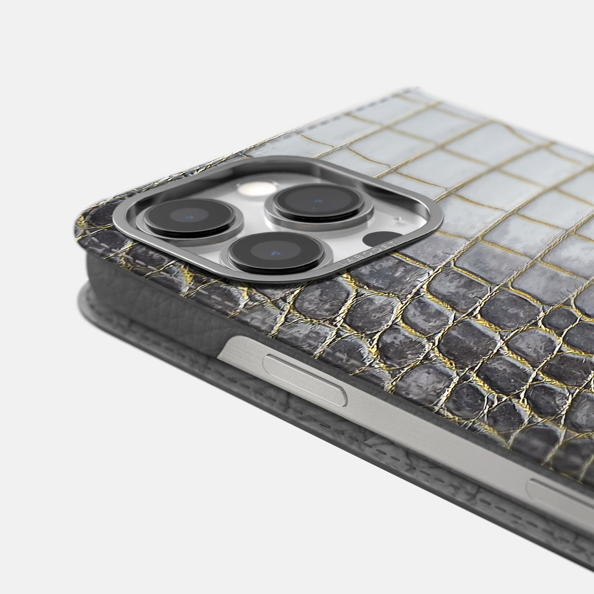Gold iPhone 16 Pro Max Folio Case Himalayan Crocodile with Steel Metal -5 | Gold-Steel