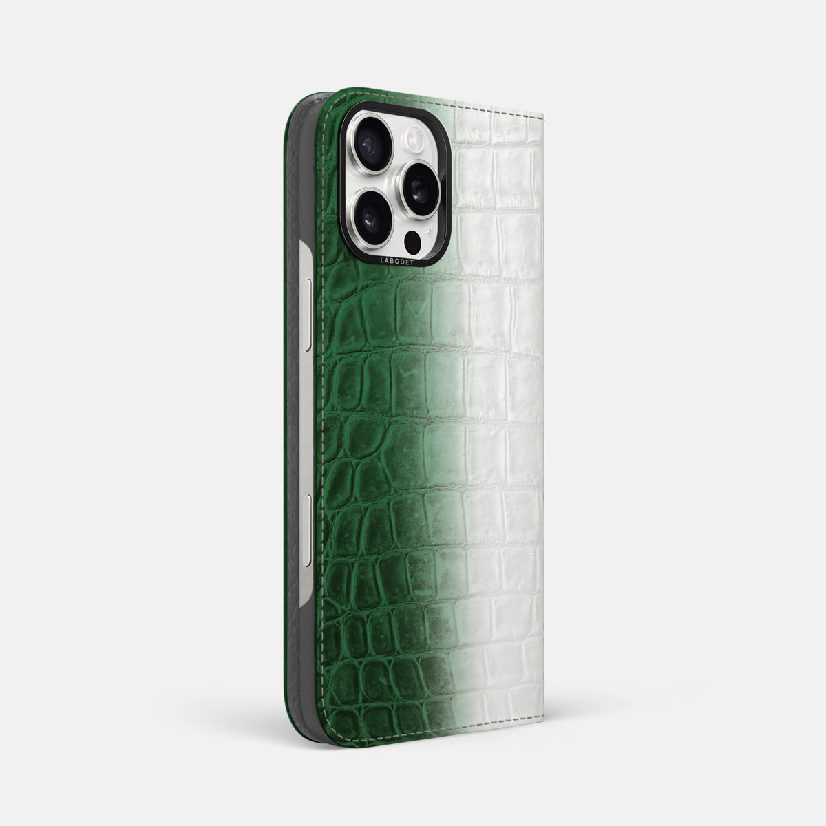 Green iPhone 16 Pro Max Folio Case Himalayan Crocodile with Black Metal -1 | Green-Black