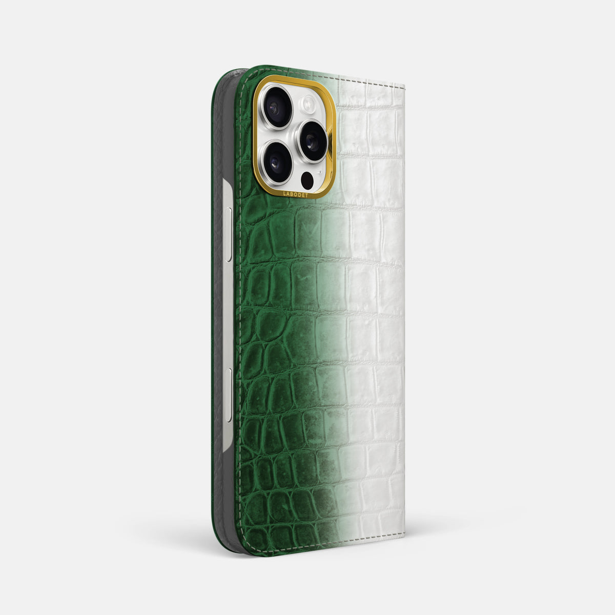 Green iPhone 16 Pro Max Folio Case Himalayan Crocodile with Gold Metal -1 | Green-Gold
