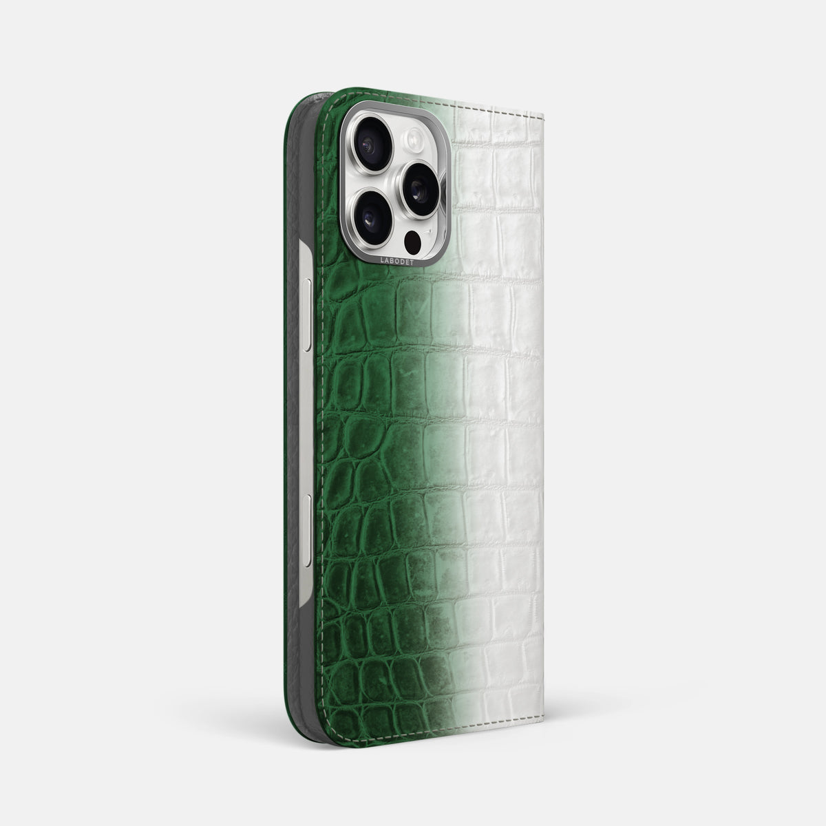 Green iPhone 16 Pro Max Folio Case Himalayan Crocodile with Steel Metal -1 | Green-Steel