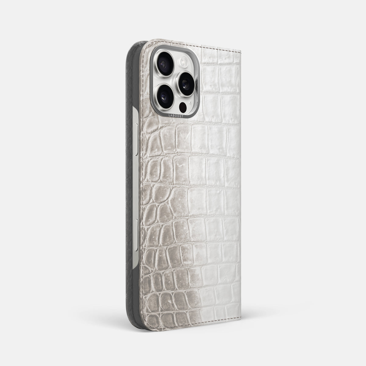 Grey iPhone 16 Pro Max Folio Case Himalayan Crocodile with Steel Metal -1 | Grey-Steel