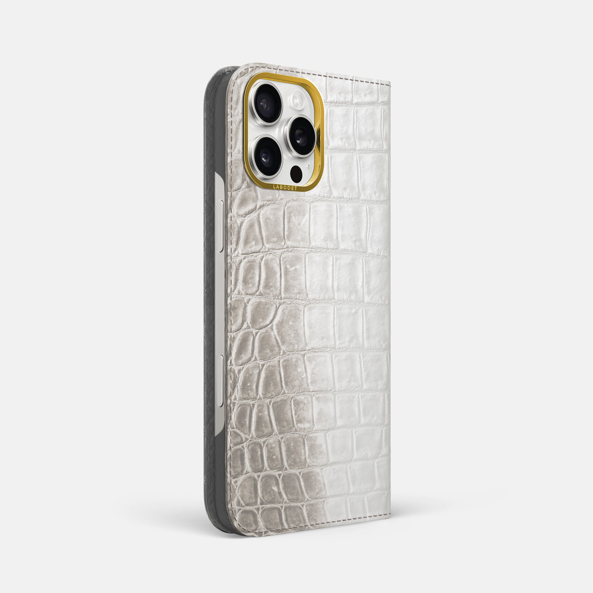 Grey iPhone 16 Pro Max Folio Case Himalayan Crocodile with Gold Metal -1 | Grey-Gold