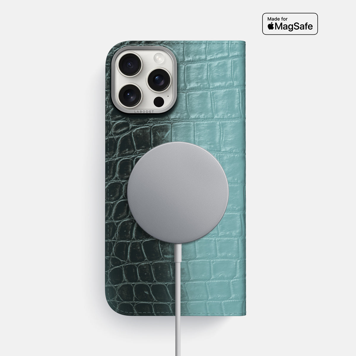 Light-Mint iPhone 16 Pro Max Folio Case Himalayan Crocodile with Steel Metal -3 | Light-Mint-Steel