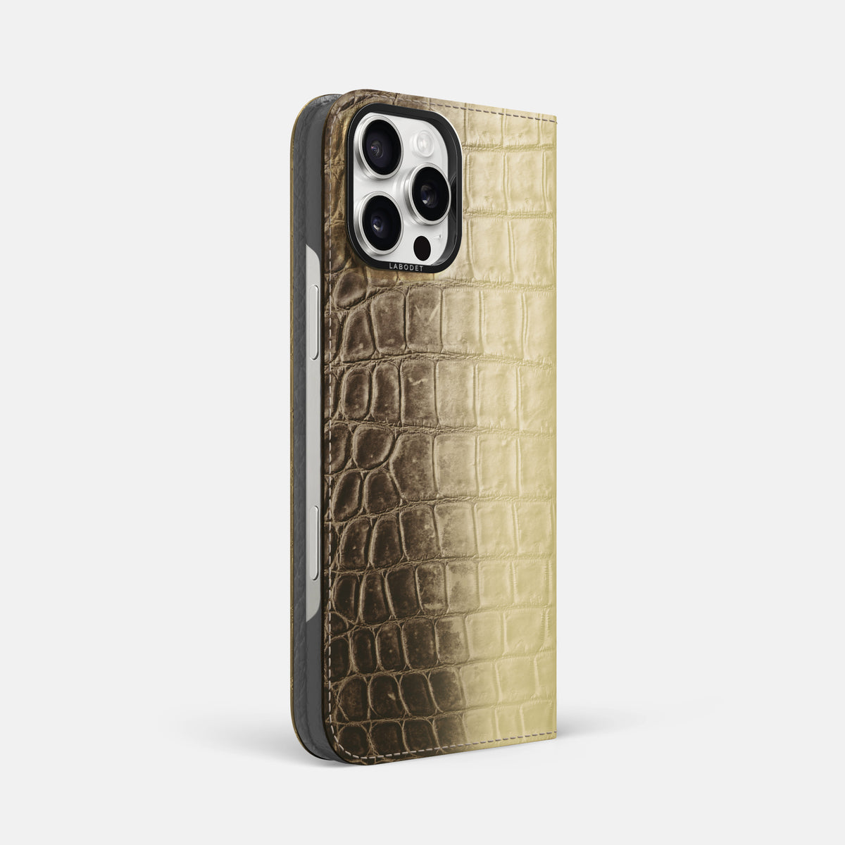 Natural iPhone 16 Pro Max Folio Case Himalayan Crocodile with Black Metal -1 | Natural-Black
