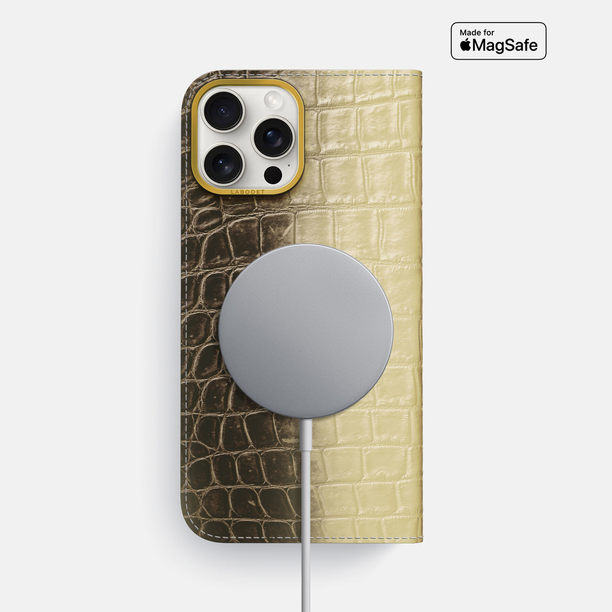 Natural iPhone 16 Pro Max Folio Case Himalayan Crocodile with Gold Metal -3 | Natural-Gold