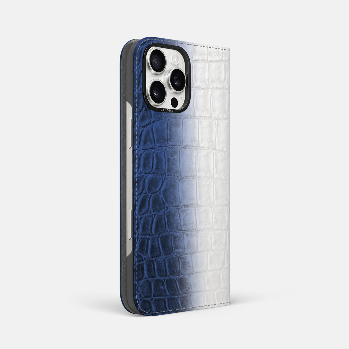 Navy Blue iPhone 16 Pro Max Folio Case Himalayan Crocodile with Black Metal -1 | Navy-Blue-Black