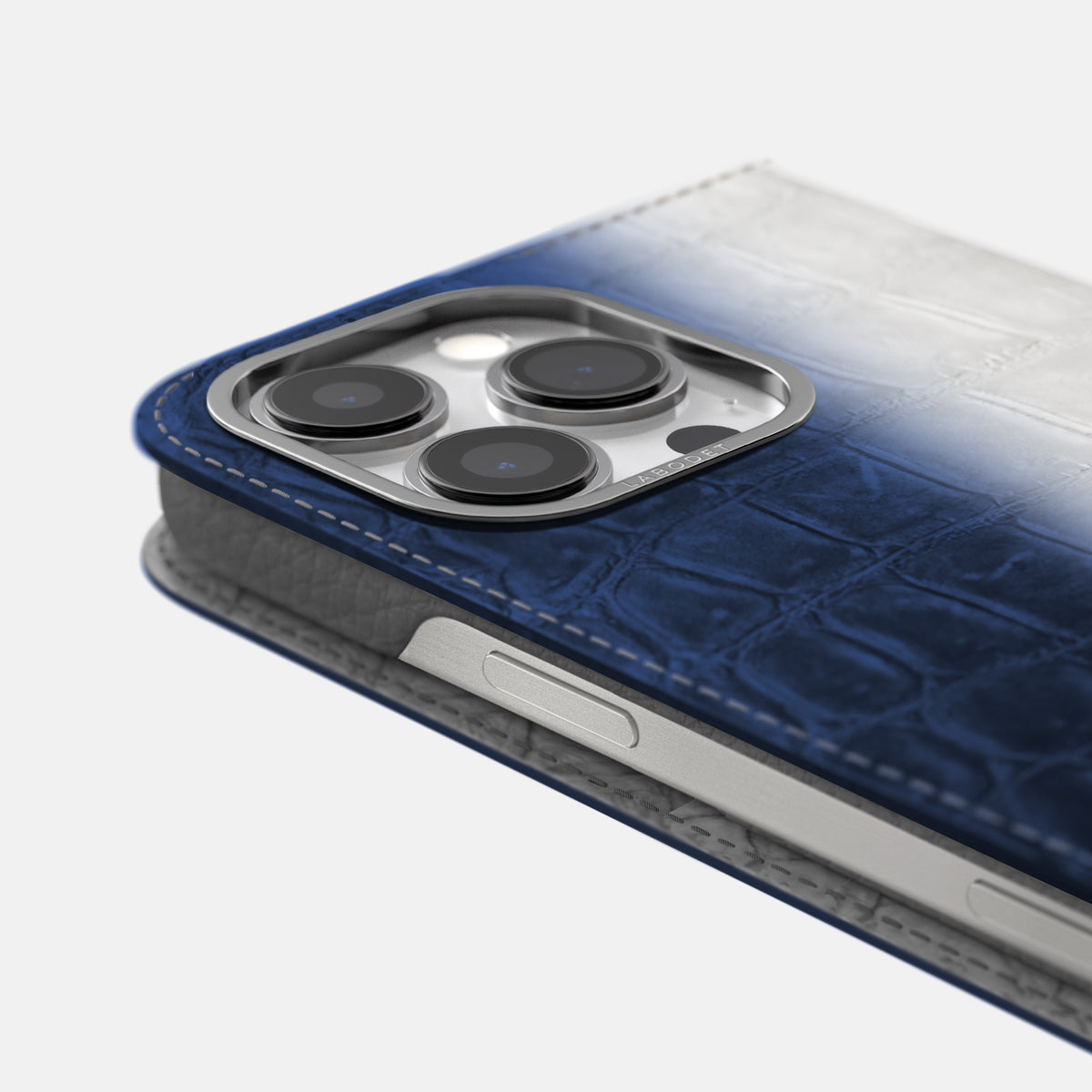 Navy Blue iPhone 16 Pro Max Folio Case Himalayan Crocodile with Steel Metal -5 | Navy-Blue-Steel