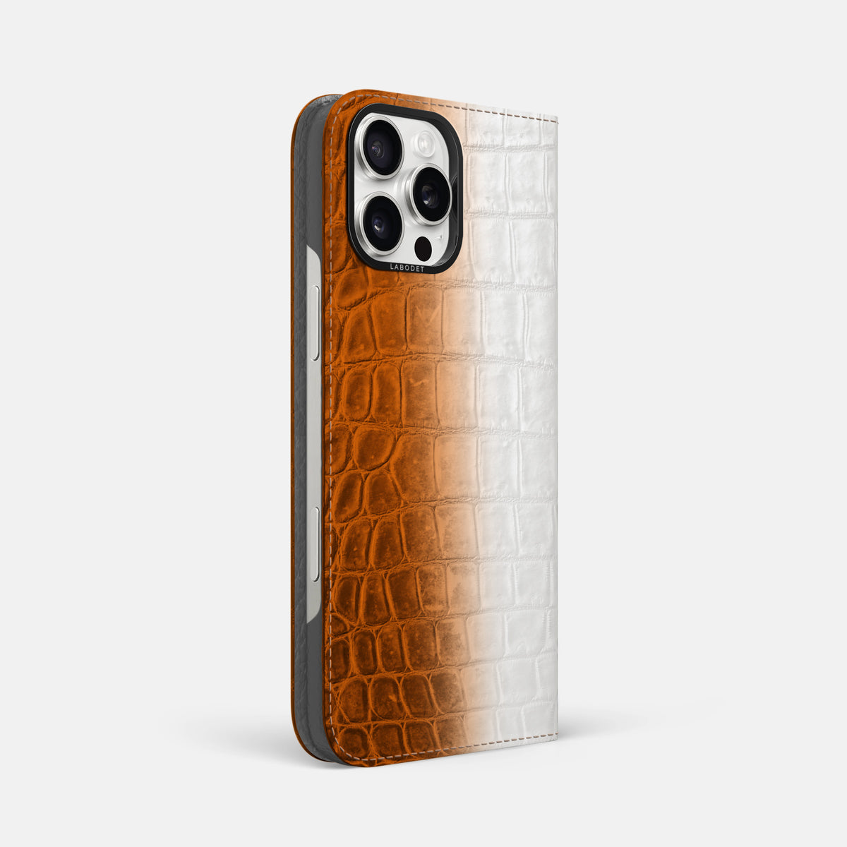 Orange iPhone 16 Pro Max Folio Case Himalayan Crocodile with Black Metal -1 | Orange-Black