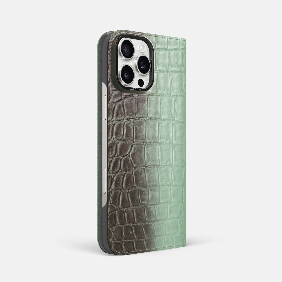 Pistachio iPhone 16 Pro Max Folio Case Himalayan Crocodile with Black Metal -1 | Pistachio-Black