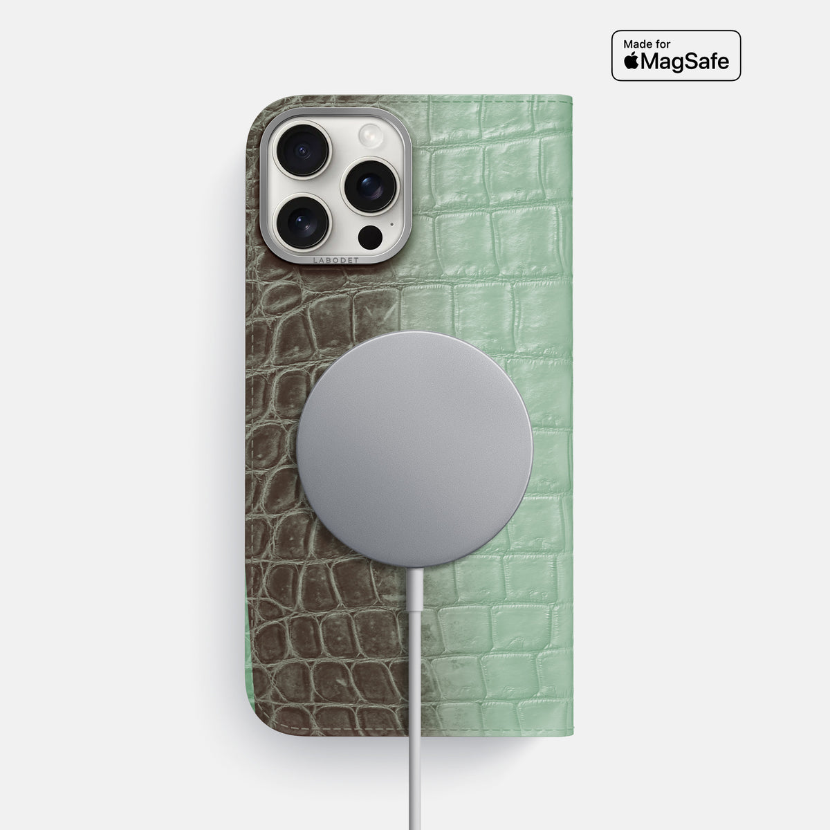 Pistachio iPhone 16 Pro Max Folio Case Himalayan Crocodile with Steel Metal -3 | Pistachio-Steel