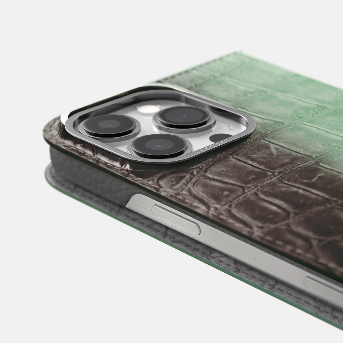 Pistachio iPhone 16 Pro Max Folio Case Himalayan Crocodile with Steel Metal -5 | Pistachio-Steel