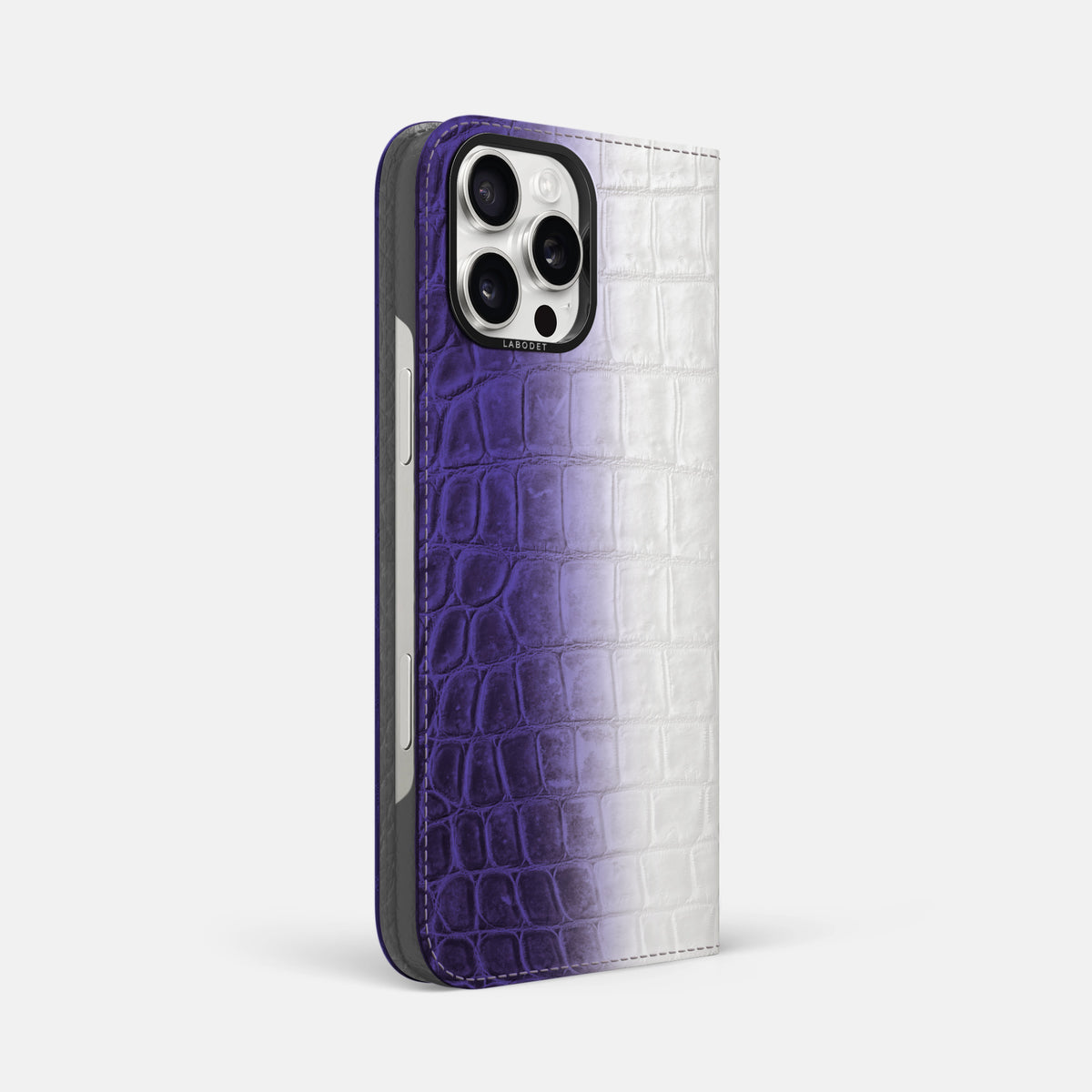 Purple iPhone 16 Pro Max Folio Case Himalayan Crocodile with Black Metal -1 | Purple-Black