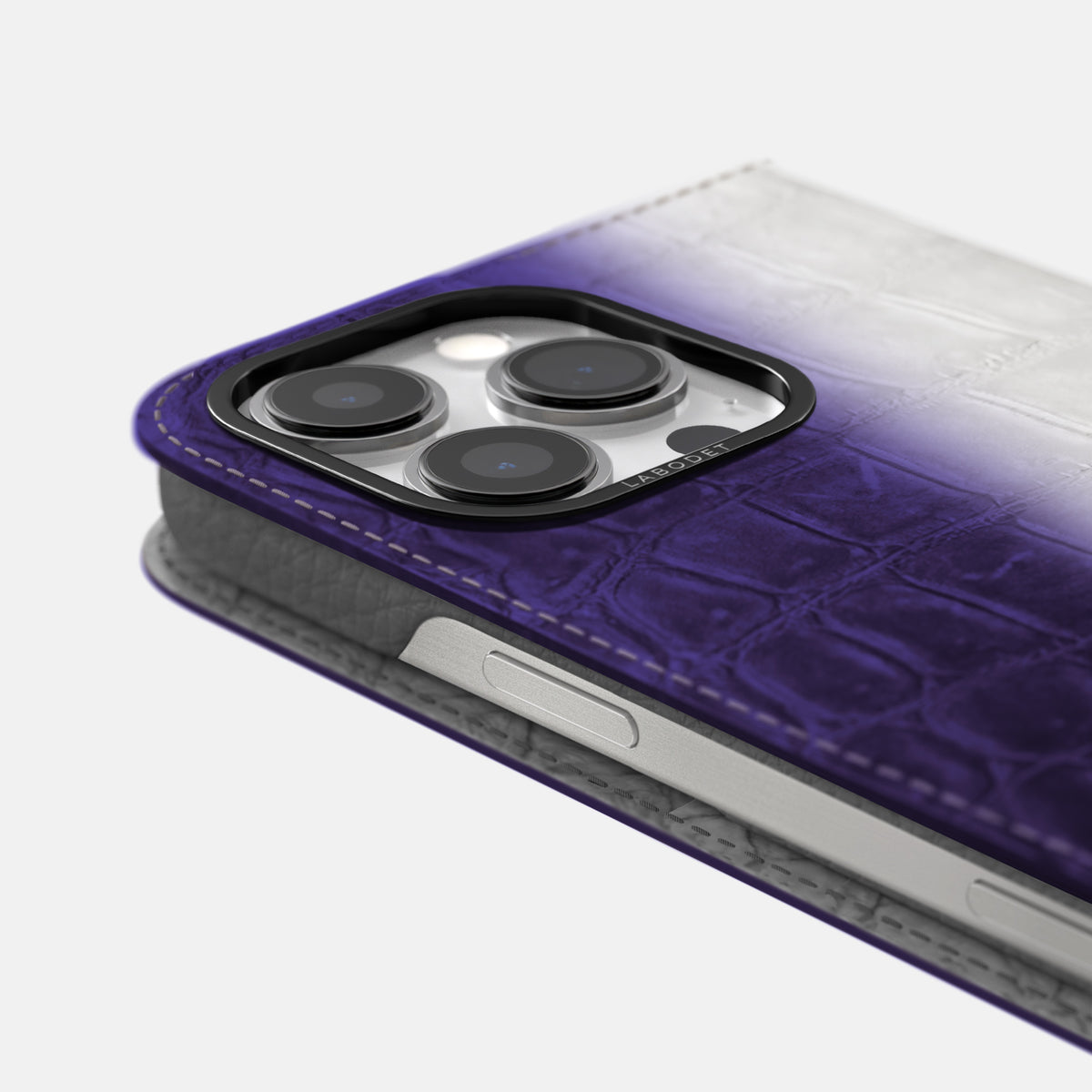 Purple iPhone 16 Pro Max Folio Case Himalayan Crocodile with Black Metal -5 | Purple-Black