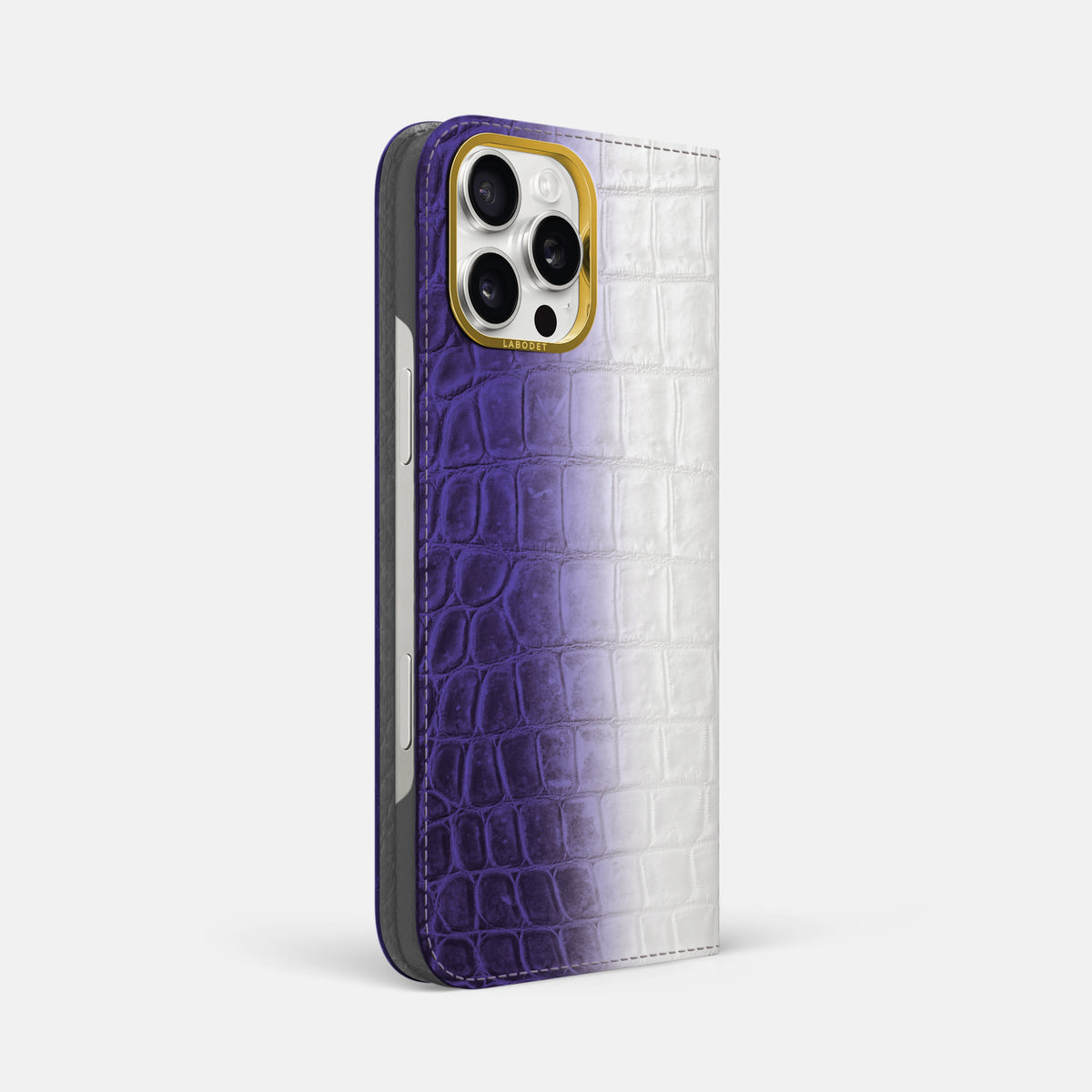 Purple iPhone 16 Pro Max Folio Case Himalayan Crocodile with Gold Metal -1 | Purple-Gold