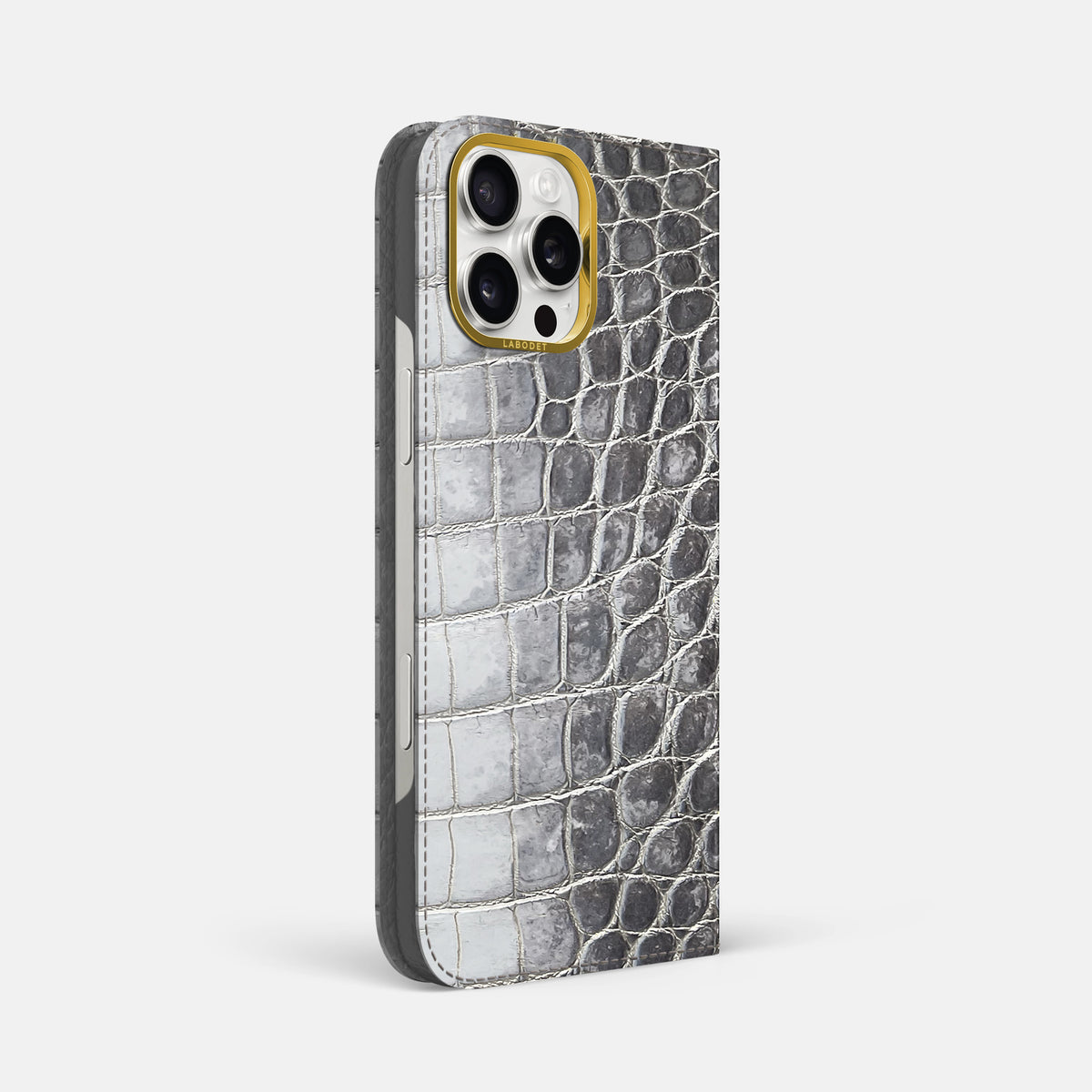 Silver iPhone 16 Pro Max Folio Case Himalayan Crocodile with Gold Metal -1 | Silver-Gold