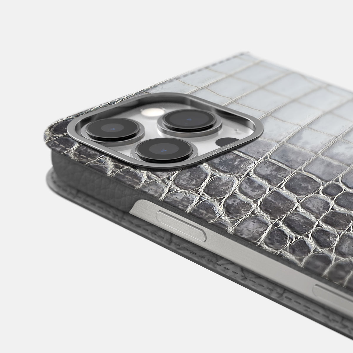 Silver iPhone 16 Pro Max Folio Case Himalayan Crocodile with Steel Metal -5 | Silver-Steel