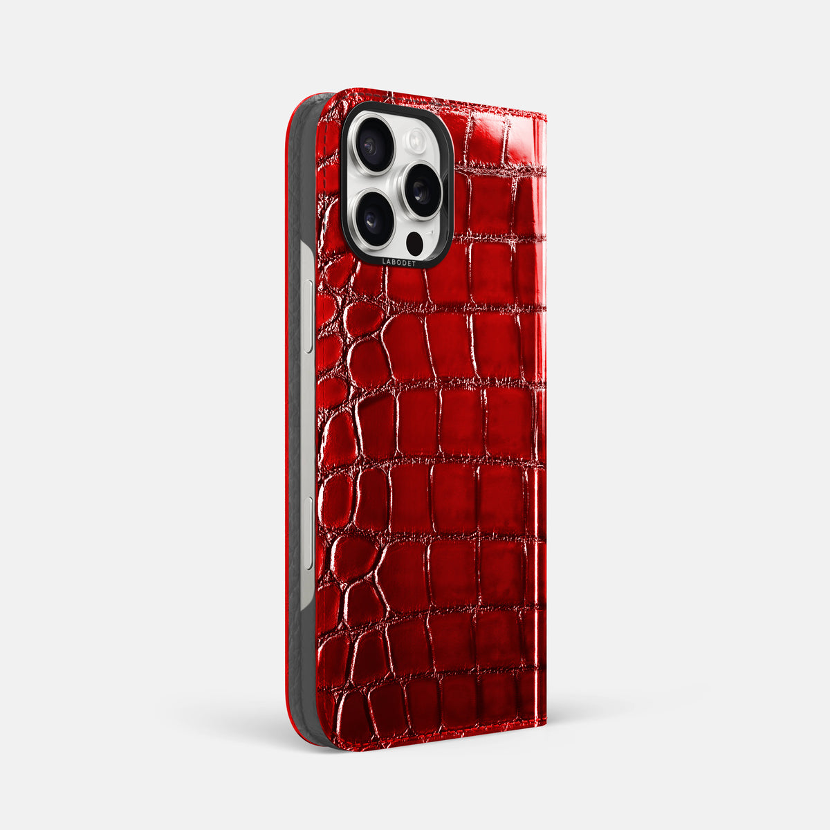 Burgundy iPhone 16 Pro Max Folio Magsafe Case Patina Alligator with Black Metal -1 | Burgundy-Black