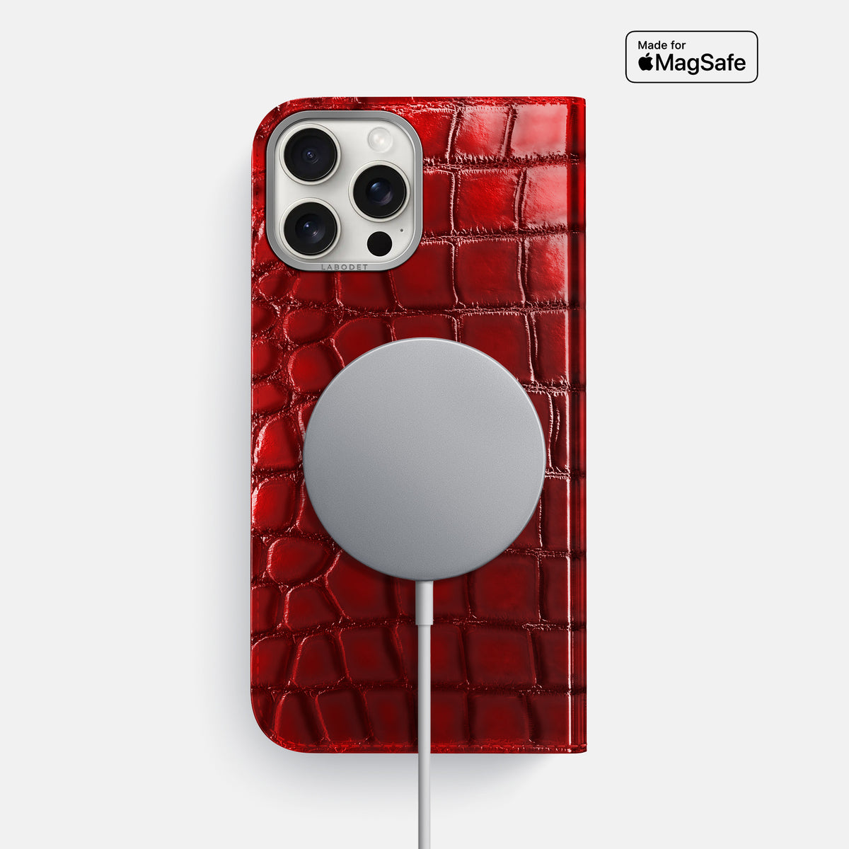 Burgundy iPhone 16 Pro Max Folio Magsafe Case Patina Alligator with Steel Metal -3 | Burgundy-Steel