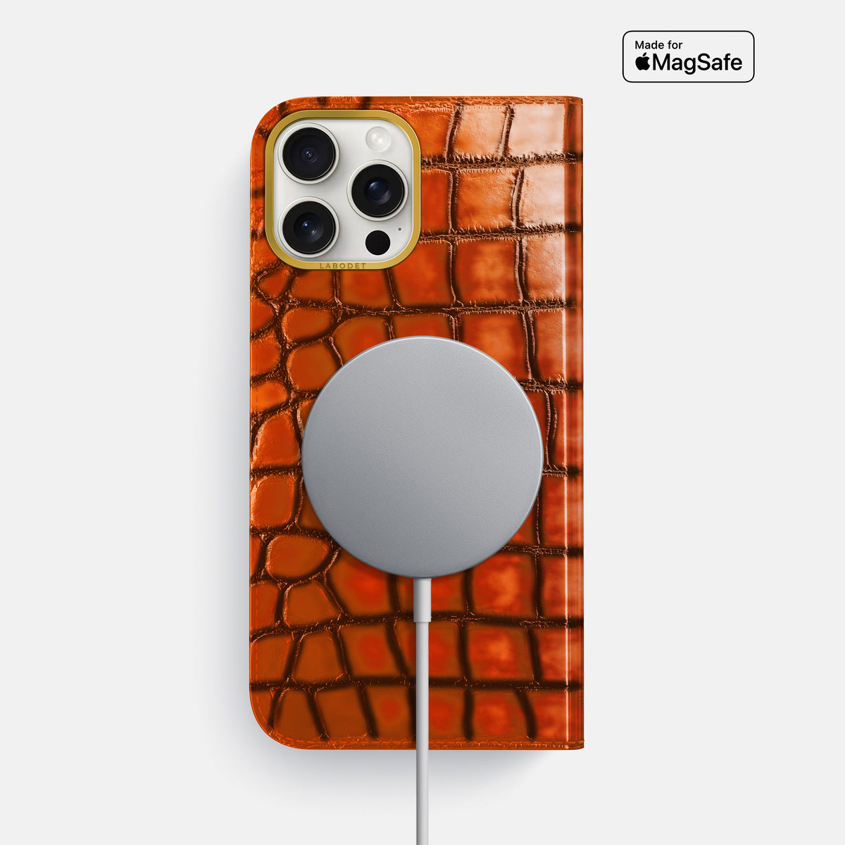 Clay-Court iPhone 16 Pro Max Folio Magsafe Case Patina Alligator with Gold Metal -3 | Clay-Court-Gold