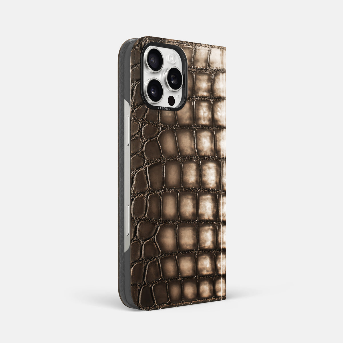 Etoupe iPhone 16 Pro Max Folio Magsafe Case Patina Alligator with Black Metal -1 | Etoupe-Black