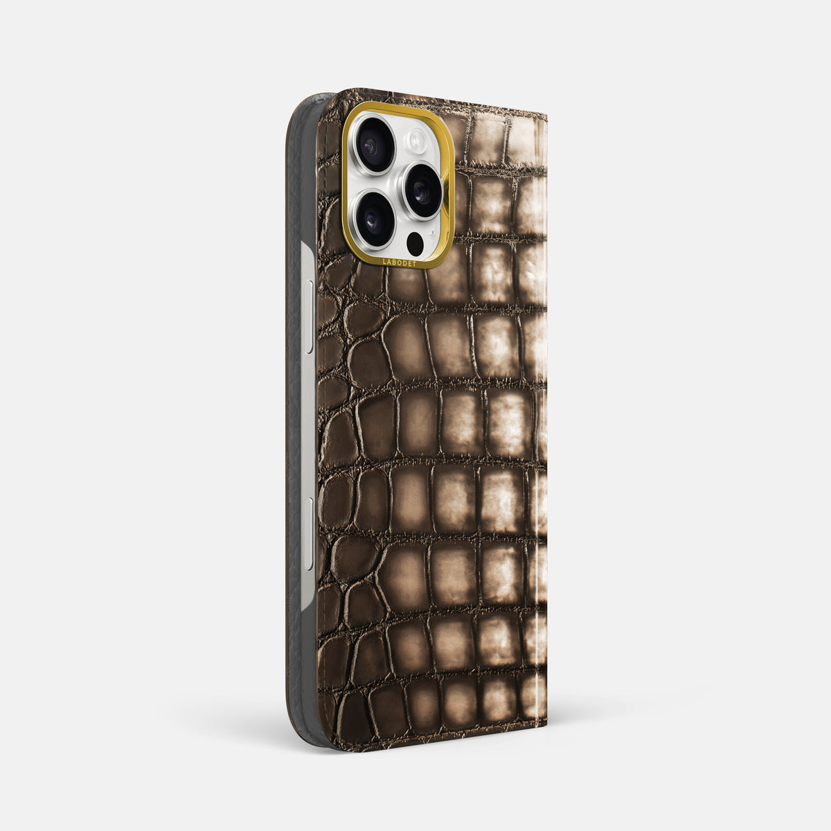 Etoupe iPhone 16 Pro Max Folio Magsafe Case Patina Alligator with Gold Metal -1 | Etoupe-Gold